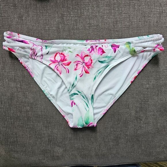 TiniBikini White & Pink Tropical Ruffle Off-Shoulder Ribbed Bikini Top & Bottoms - Picture 7 of 16